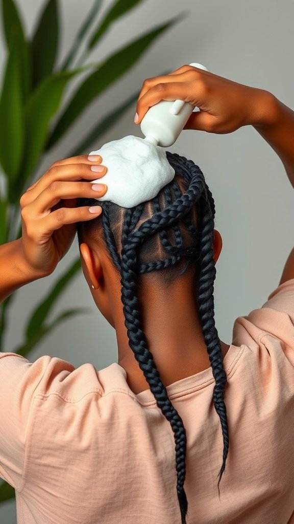 A person applying a scalp treatment while having small knotless box braids styled.