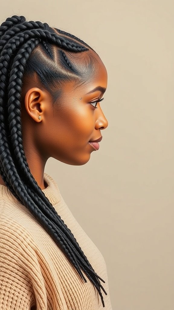 A woman with knotless box braids styled elegantly, showcasing the beauty of protective hairstyles.