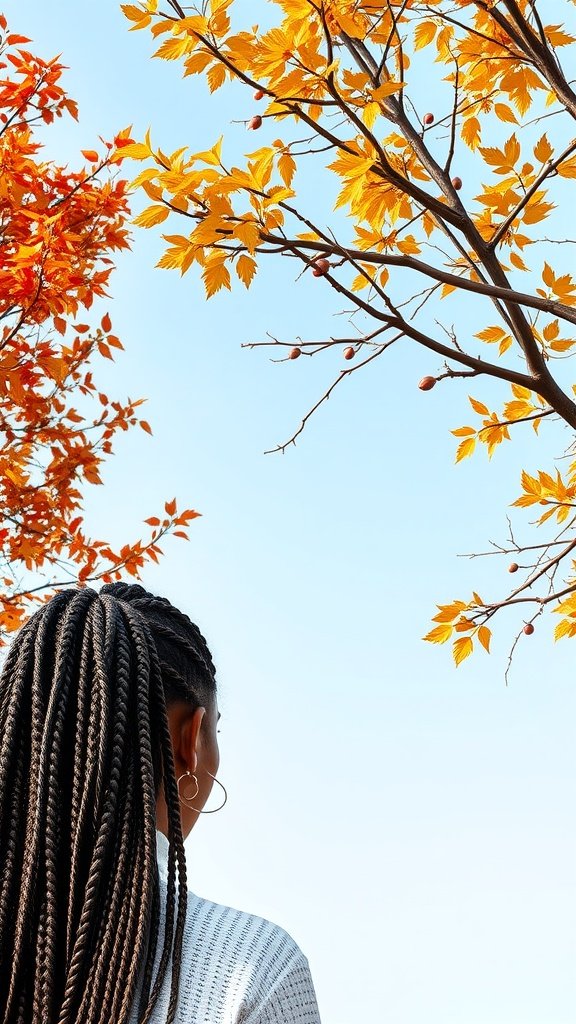 A woman with large knotless box braids, standing under colorful autumn leaves.