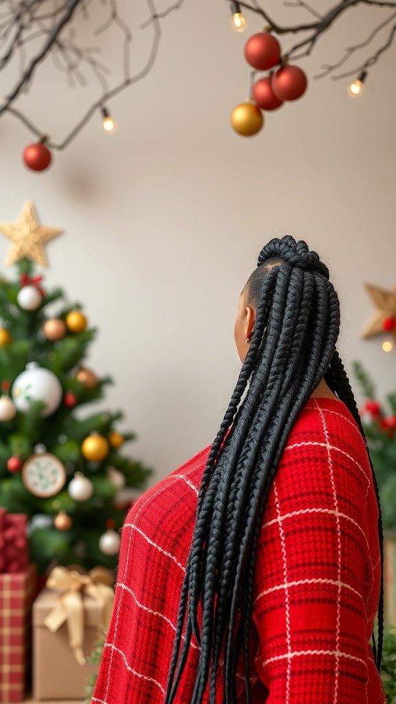 A woman with small knotless box braids, wearing a red plaid sweater, stands in front of a decorated Christmas tree.