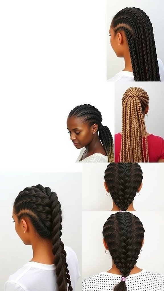 A collage of different styles of small knotless box braids, showcasing various parting patterns and lengths.