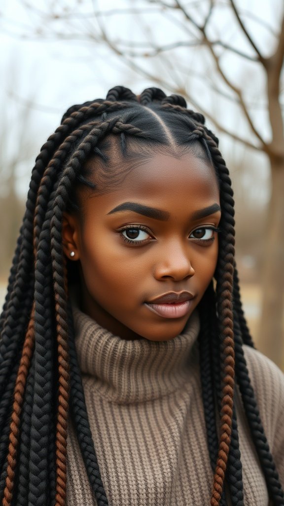 A woman with medium knotless box braids styled elegantly, wearing a cozy sweater in a natural setting.