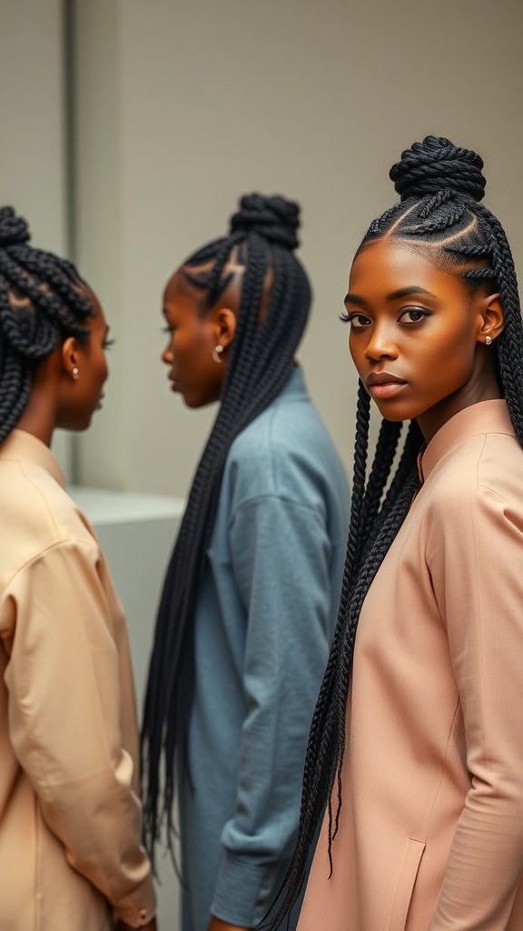 A model showcasing short knotless box braids in a stylish setting.