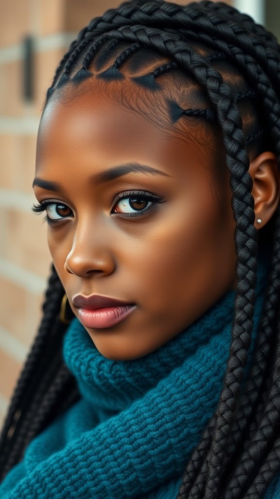 A close-up of a woman with big knotless box braids, showcasing a stylish protective hairstyle.