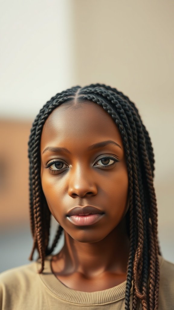 A close-up of a person with medium-sized knotless box braids, showcasing a natural and stylish look.