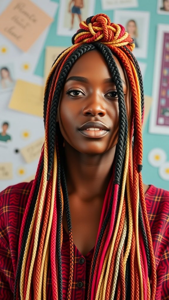 A person showcasing vibrant knotless box braids styled with a top knot, surrounded by a creative backdrop.