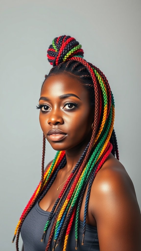 A woman with medium knotless box braids in vibrant colors, styled in a bun on top of her head.