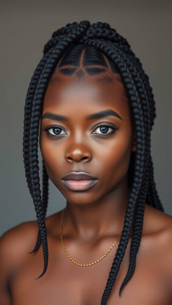 A close-up of a person with small knotless box braids, showcasing neat parting and a confident expression.