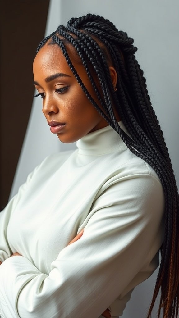 A woman with small knotless box braids, wearing a white top, looking thoughtfully to the side.