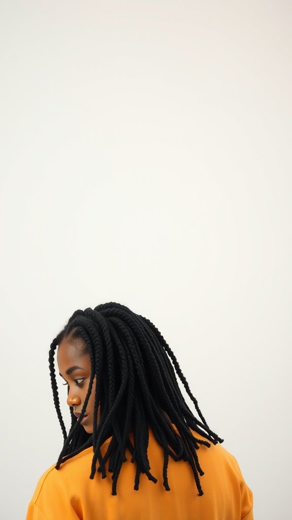 A woman with medium knotless box braids, showcasing a stylish and elegant hairstyle.