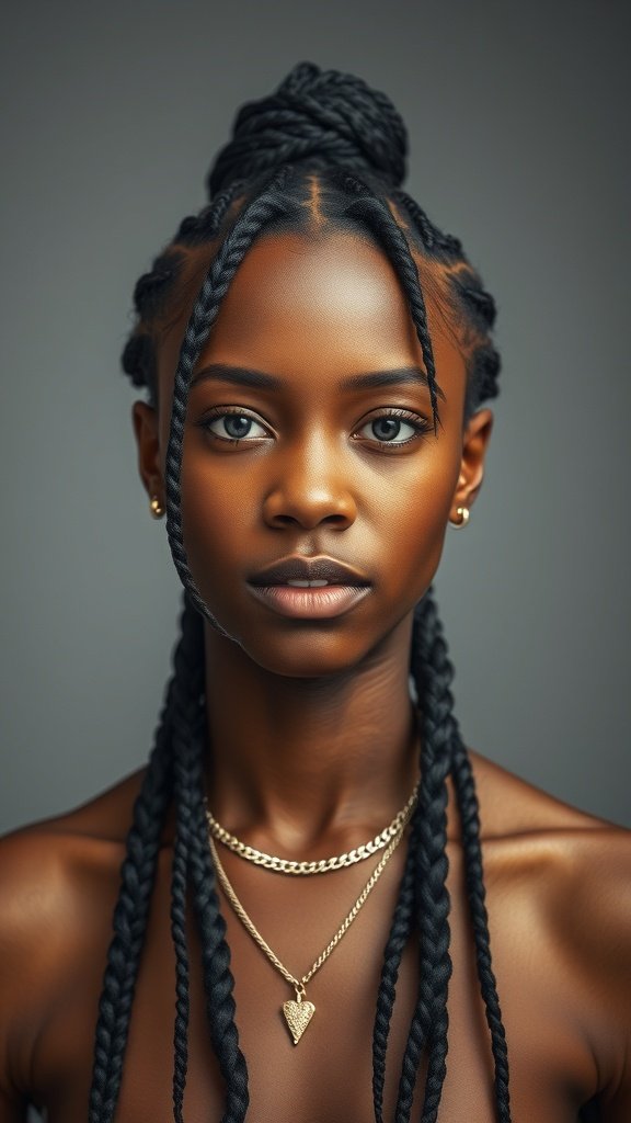 A close-up of a person with small knotless box braids, showcasing a beautiful hairstyle.