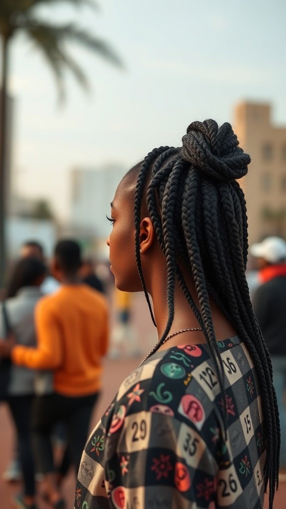 A woman with small knotless box braids styled elegantly, showcasing self-expression and versatility.
