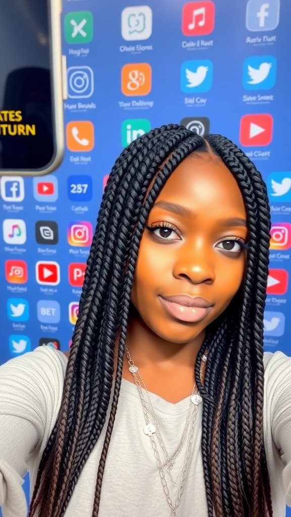 A person with big knotless box braids posing in front of a colorful social media backdrop.