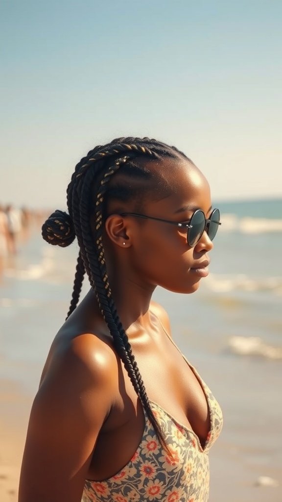 A woman with small knotless box braids enjoying a sunny day at the beach.