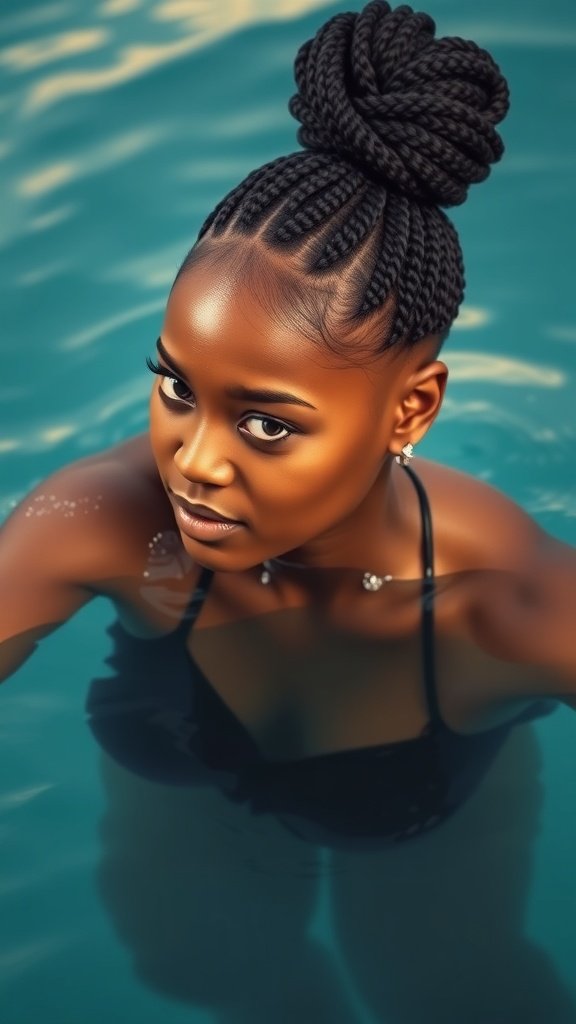 A person with big knotless box braids styled in a bun, swimming in a pool.