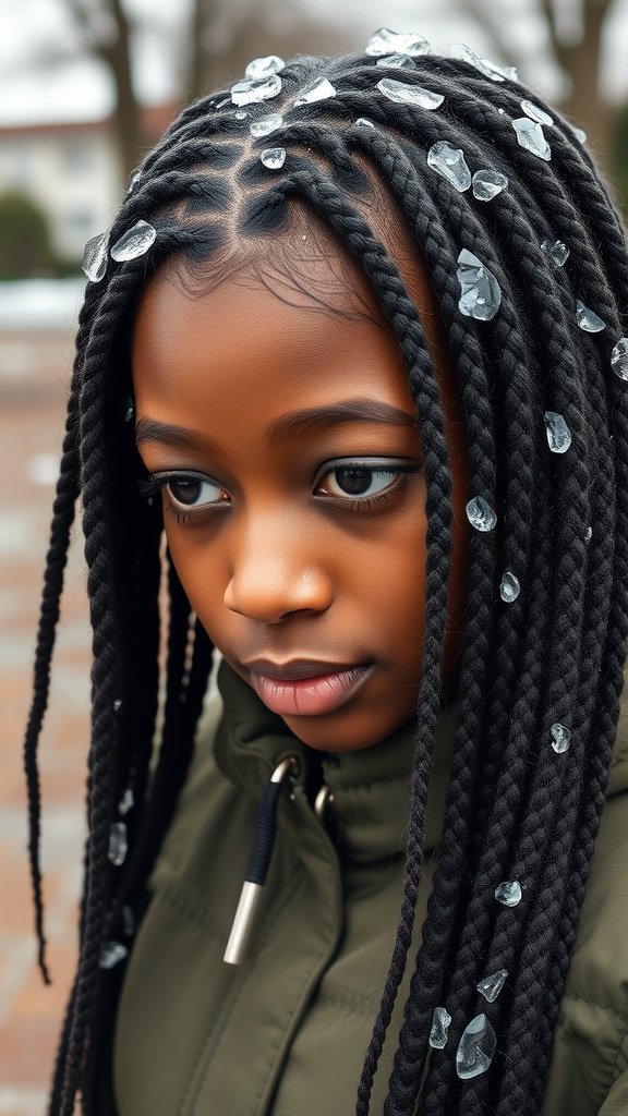 A young person with small knotless box braids decorated with crystals, wearing a green jacket.