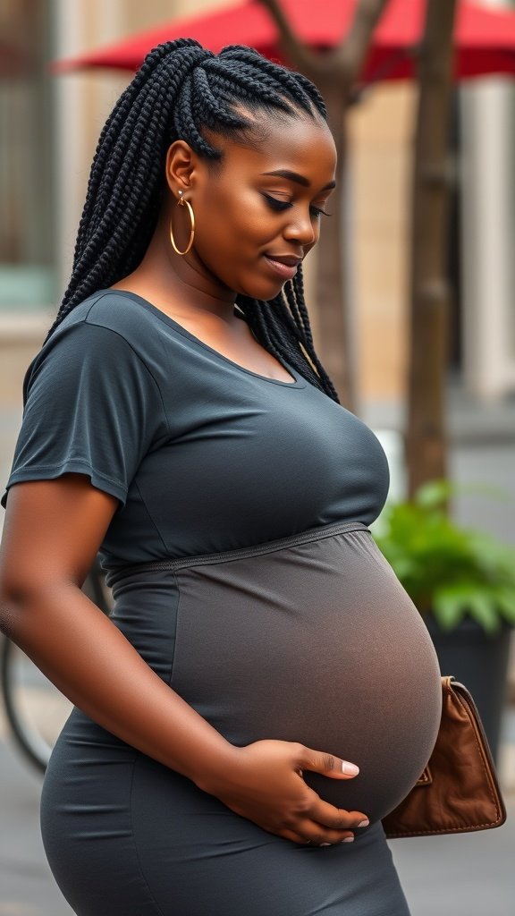 A pregnant woman with big knotless box braids, wearing a fitted dress and holding her belly.