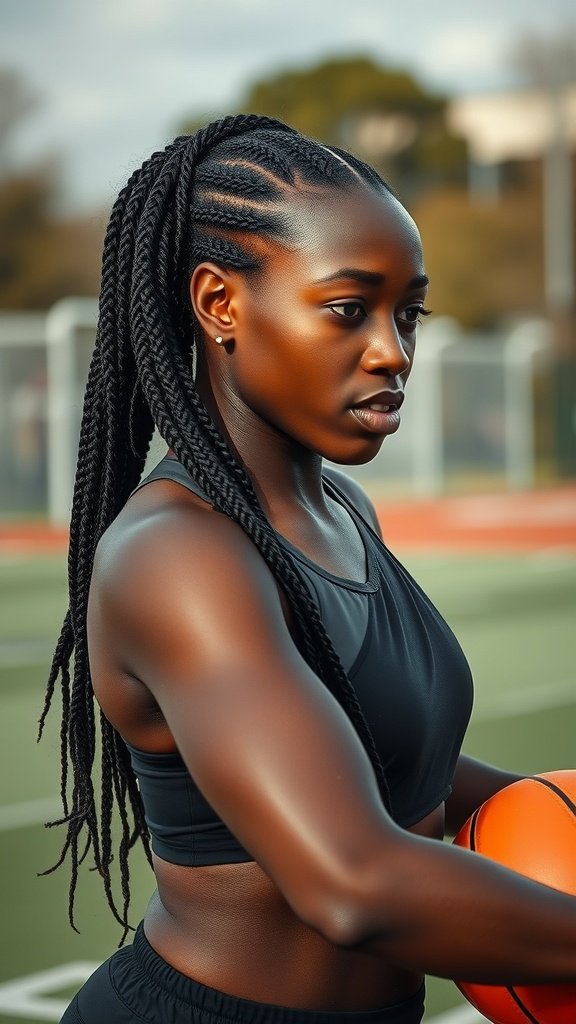 A woman with large knotless box braids, holding a basketball on a sports field, showcasing a stylish and practical hairstyle for active lifestyles.