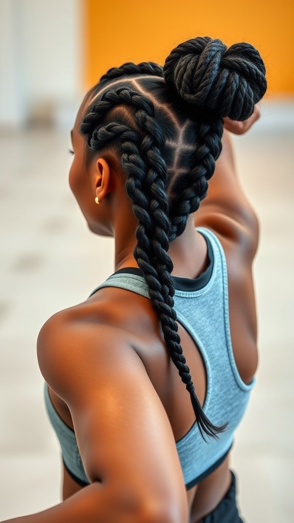 A woman showcasing small knotless box braids styled in a bun, perfect for an active lifestyle.