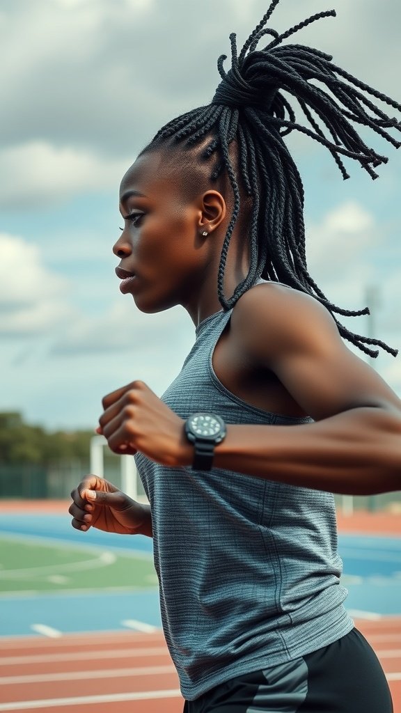 A woman with small knotless box braids running on a track.