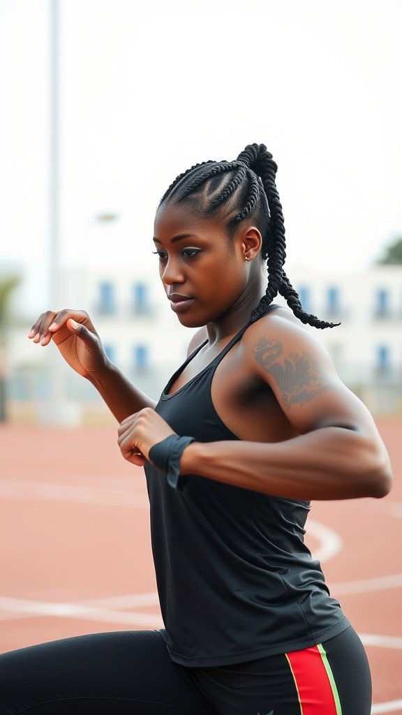 A woman with knotless box braids in a ponytail, exercising on a track.
