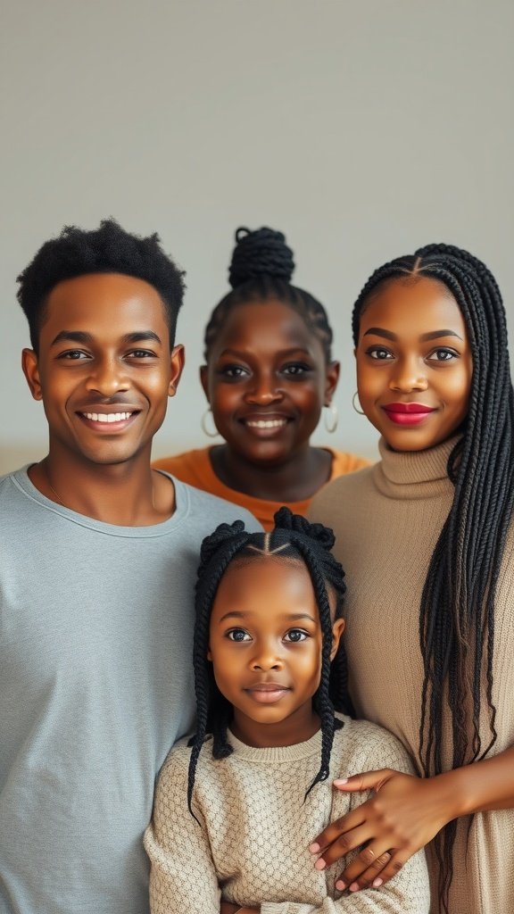 A family of four showcasing various styles of knotless box braids.