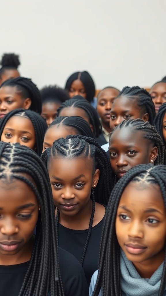 A diverse group of individuals with small knotless box braids, showcasing different styles and lengths.