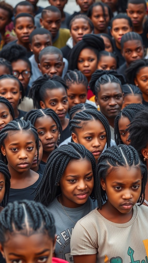 A diverse group of individuals with knotless box braids, showcasing the hairstyle's popularity across different ages.
