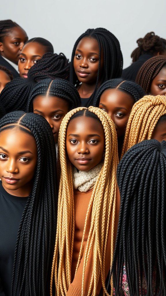 A group of individuals showcasing various styles of knotless box braids, featuring a mix of black and blonde colors.