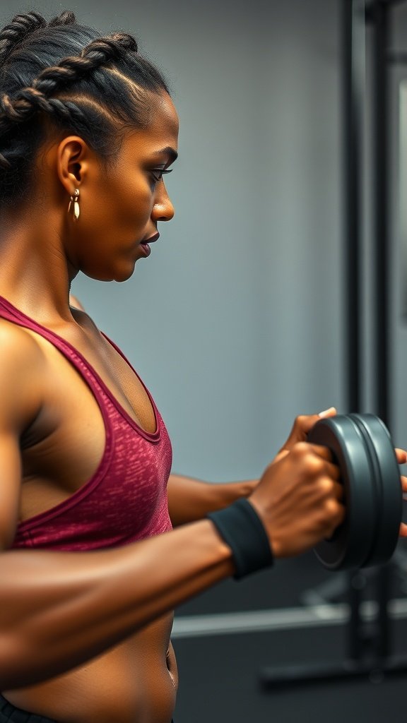 Athlete lifting weights with knotless box braids