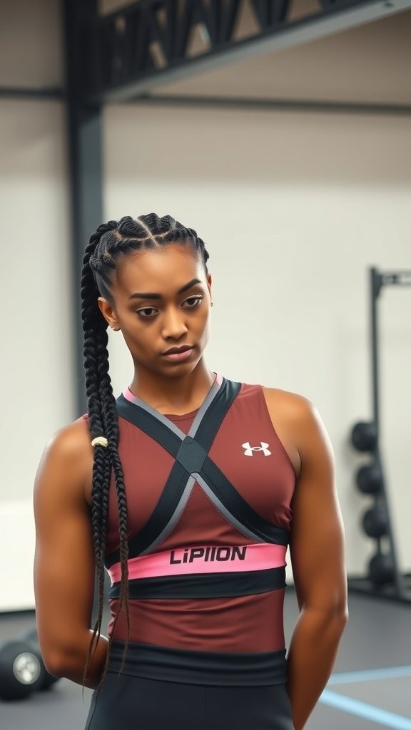 Athlete with medium knotless box braids in a gym setting