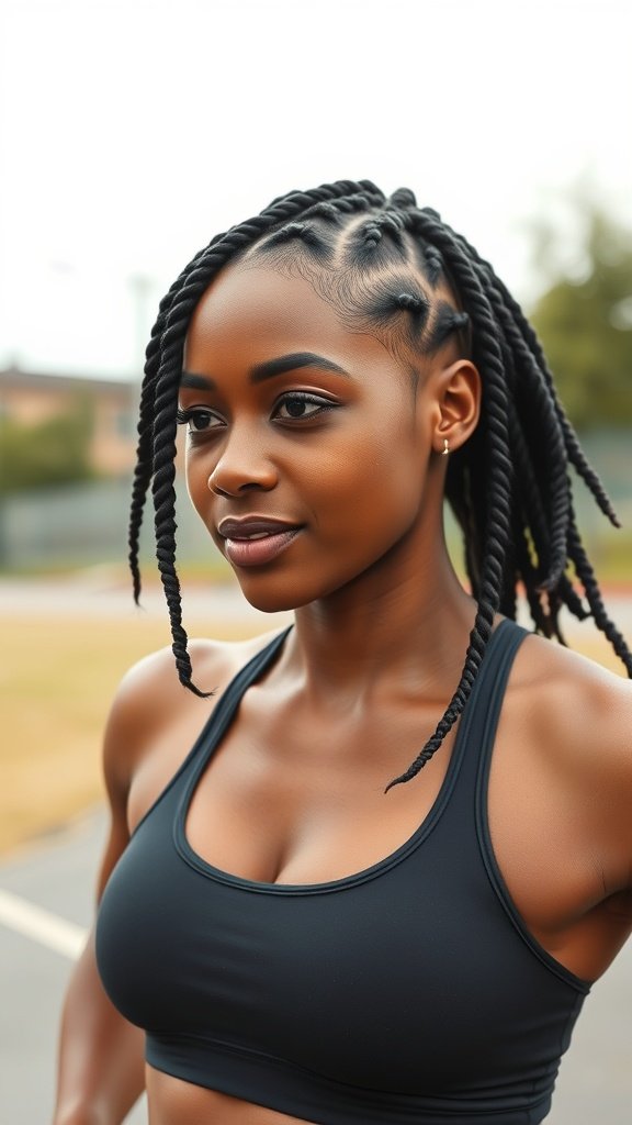 Athlete with medium knotless box braids, showcasing a stylish and practical hairstyle for active individuals.