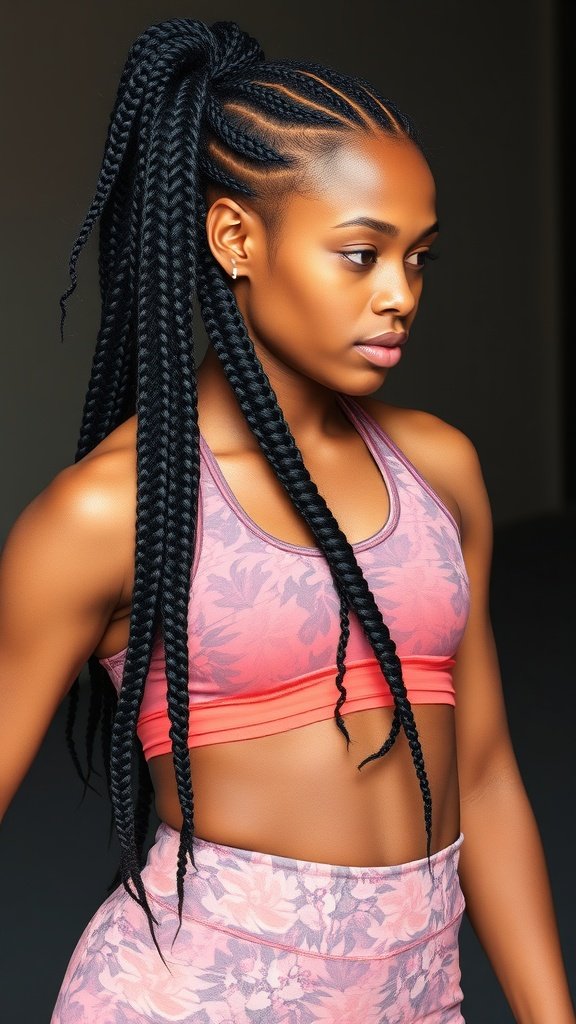 Athlete with small knotless box braids styled in a high ponytail, wearing a pink sports outfit.