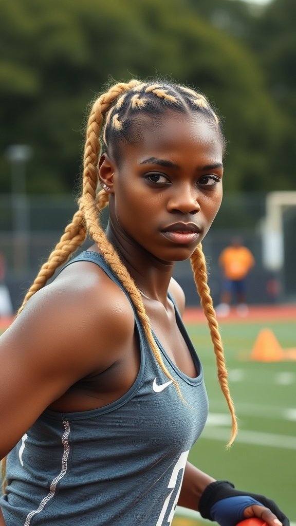 Athlete with blonde knotless box braids on a sports field