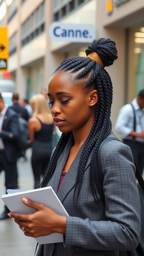 A woman with small knotless box braids styled in a bun, wearing a professional outfit, holding a notebook in a busy urban environment.