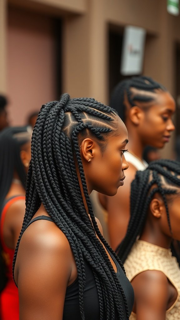 A group of individuals with stylish knotless box braids, showcasing different hairstyles.