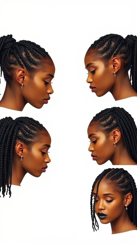 Different styles of knotless box braids on various face shapes