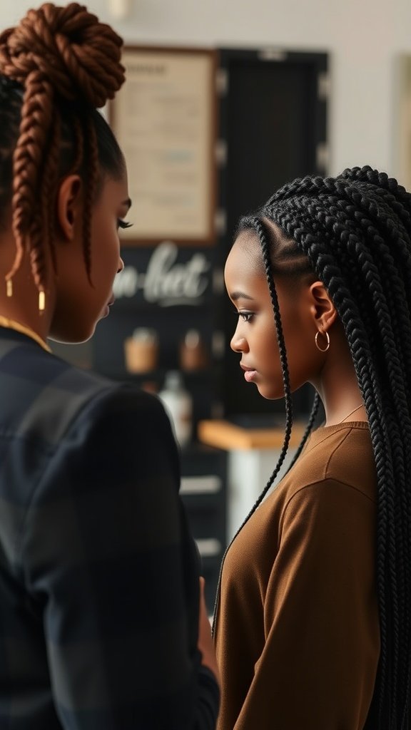 Two women discussing knotless box braids, showcasing different styles and lengths.
