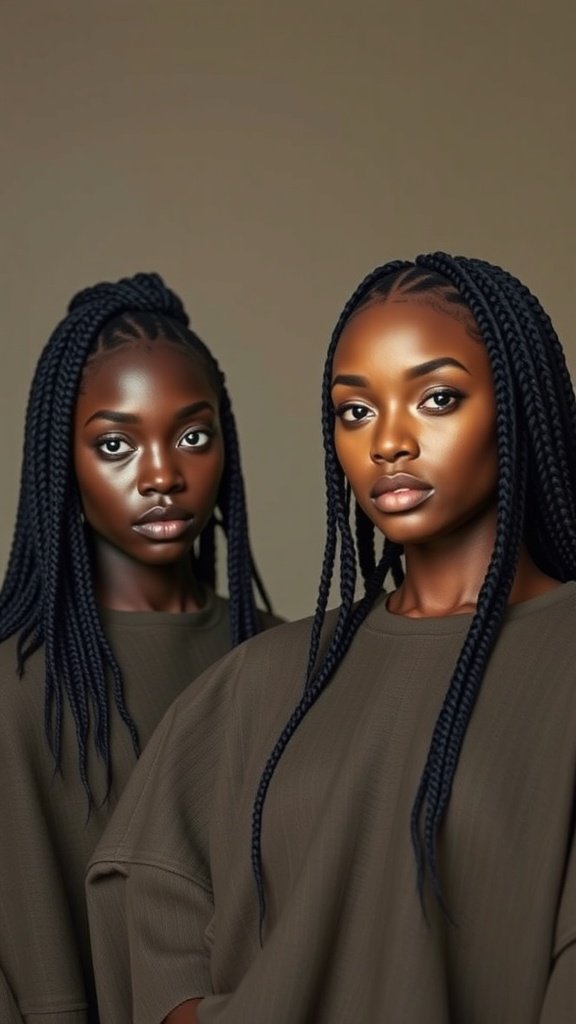 Two individuals with medium knotless box braids, showcasing a stylish and versatile hairstyle.