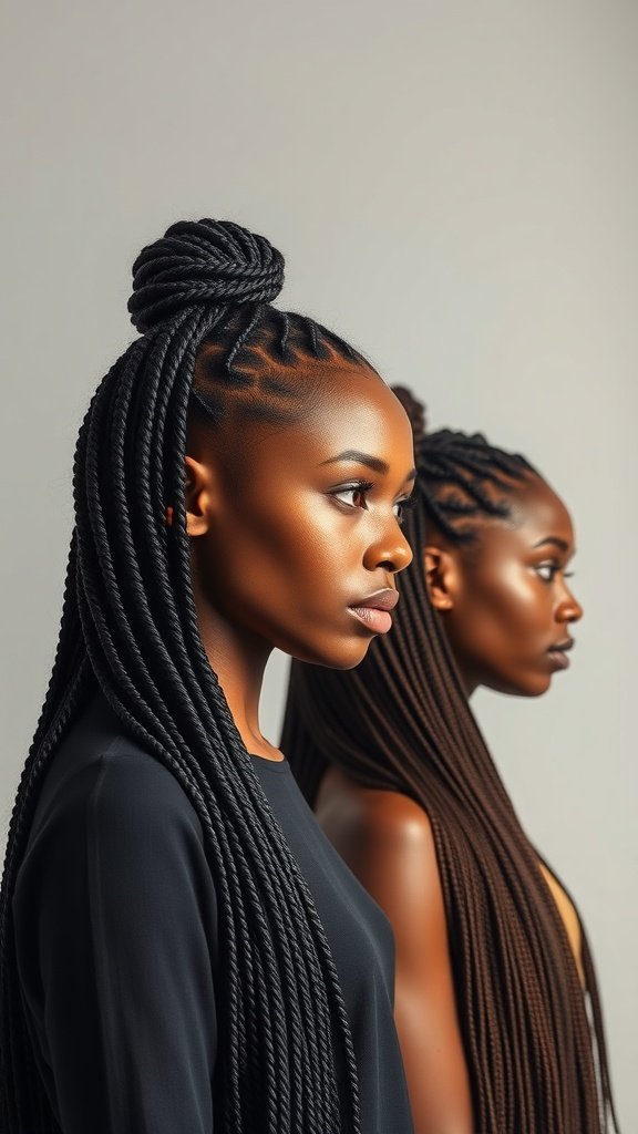 Two women showcasing different styles of knotless box braids, highlighting versatility in length and design.