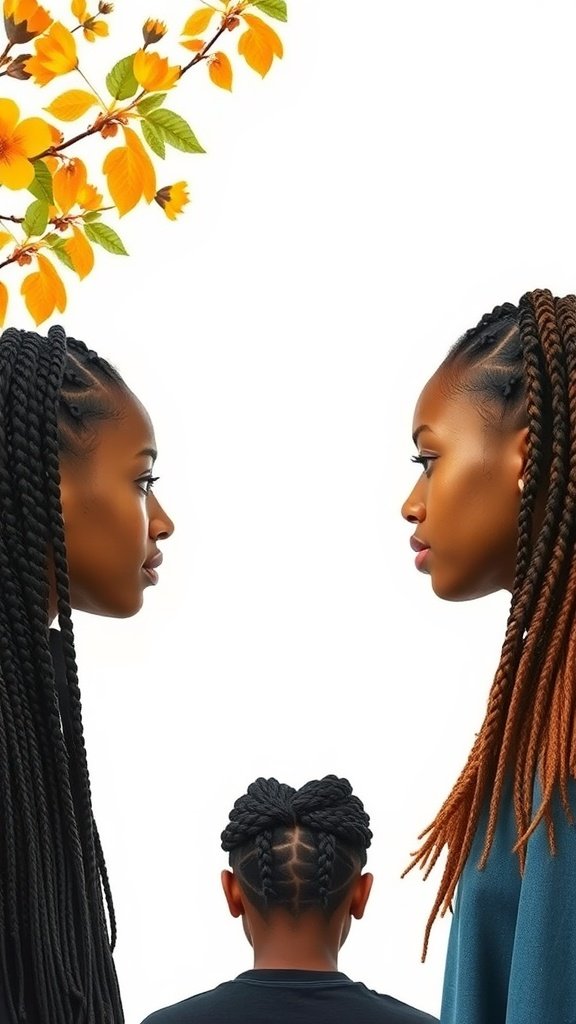 Three individuals with small knotless box braids showcasing different styles and colors, surrounded by autumn leaves.