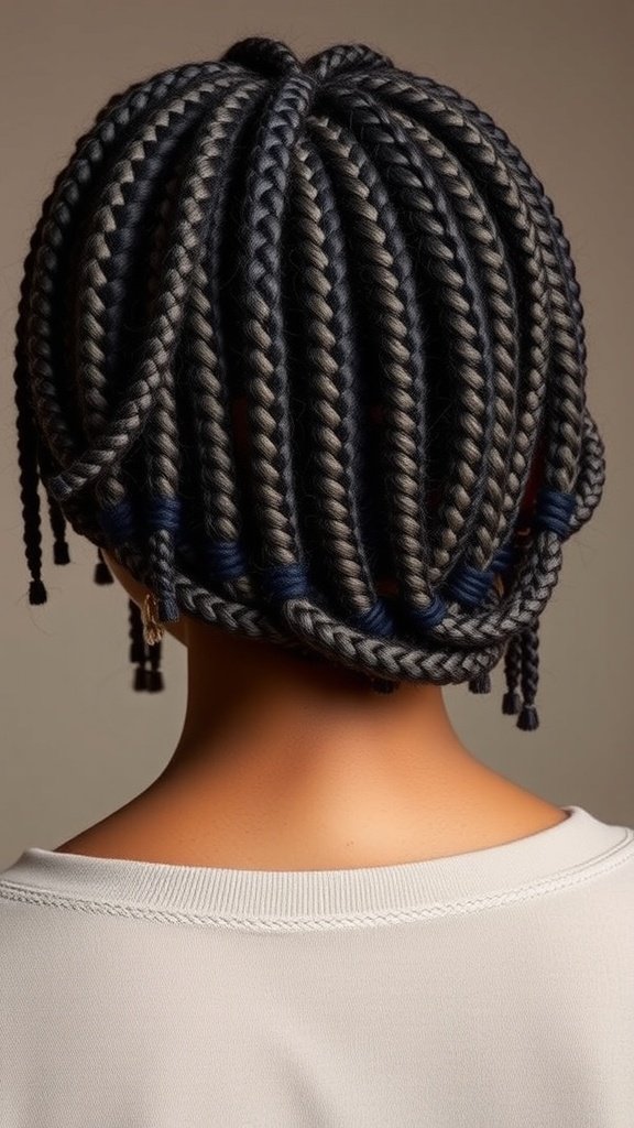 A close-up view of small knotless box braids styled neatly on a person's head, showcasing the intricate details and texture.