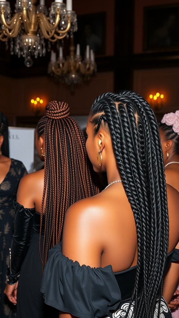 Two women showcasing different styles of knotless box braids at an event, one with a blonde bun and the other with long dark braids.