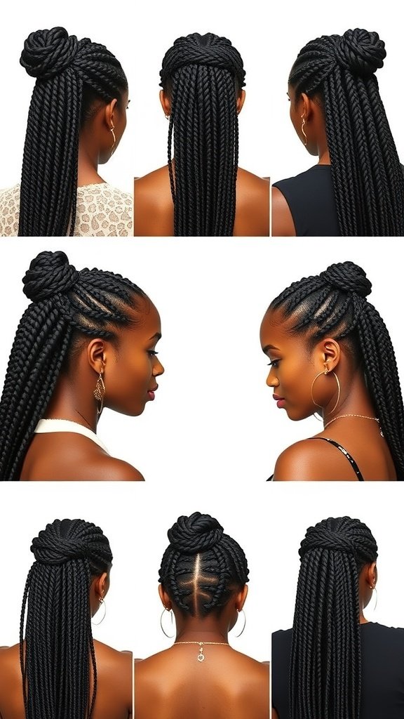 A collage of small knotless box braids styled in various ways, showcasing their versatility and elegance.