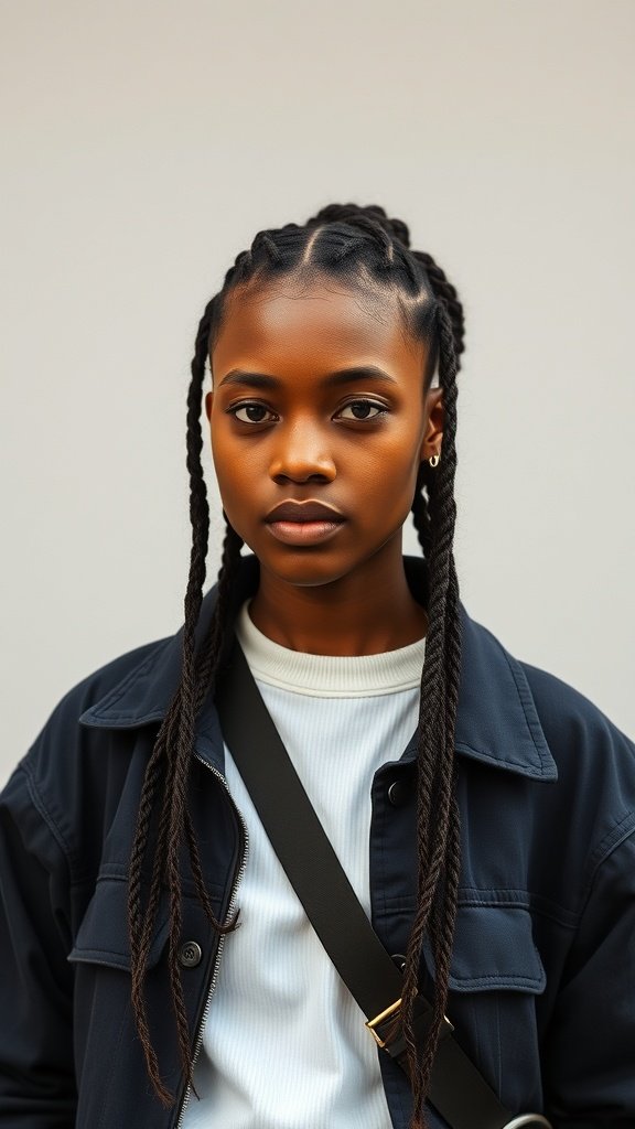 A young woman with short knotless box braids, showcasing a stylish and confident look.