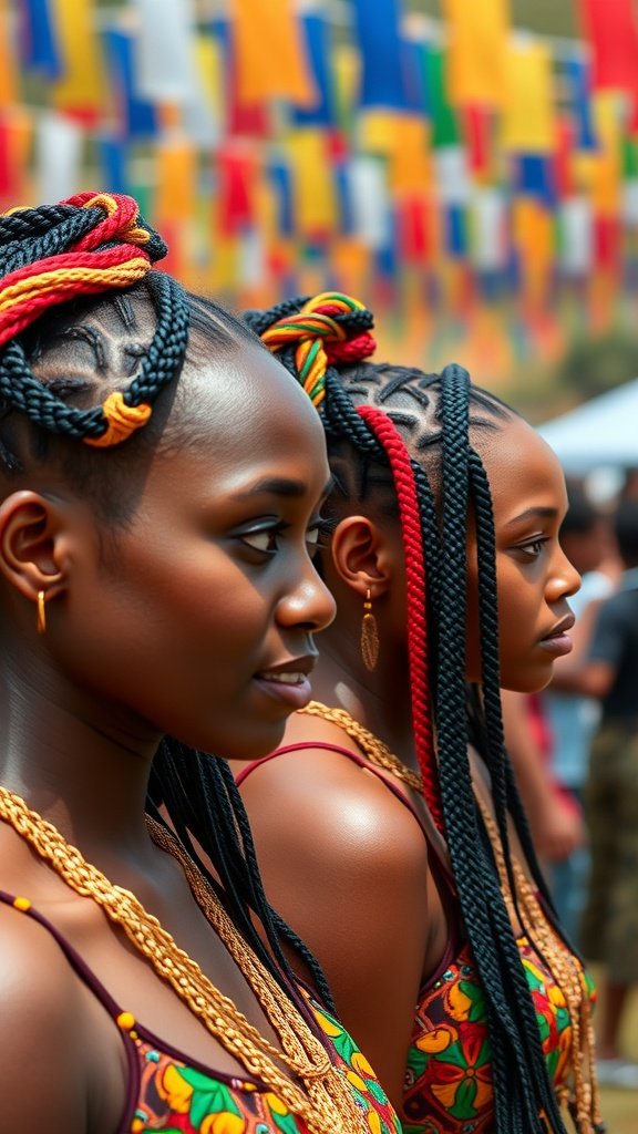 Three individuals with colorful knotless box braids at a festival