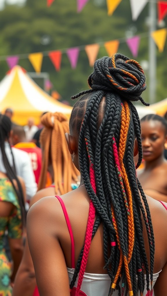 A woman with colorful small knotless box braids styled in a bun, enjoying a festival atmosphere.