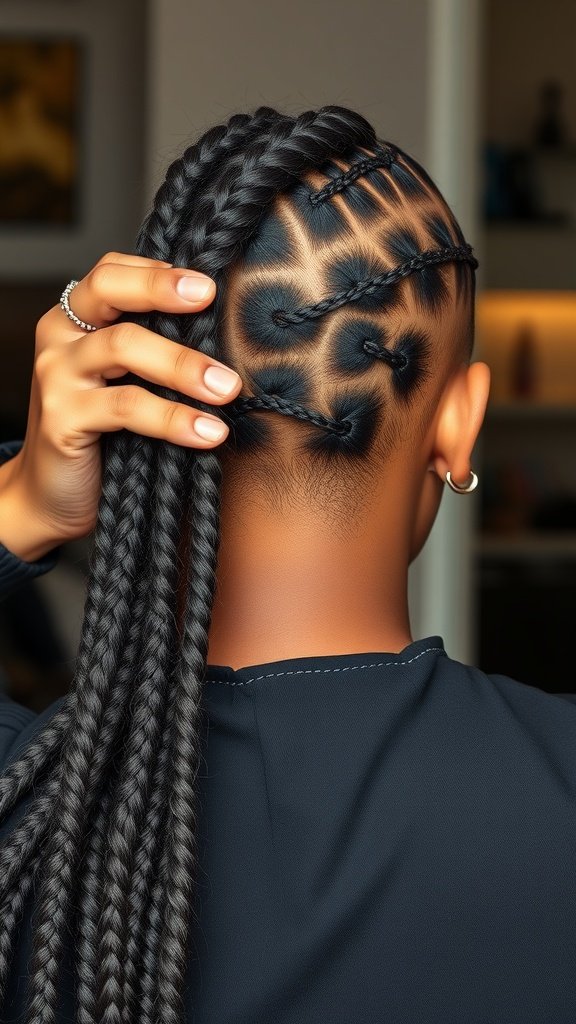 A close-up view of medium knotless box braids with intricate designs, showcasing a stylish protective hairstyle.