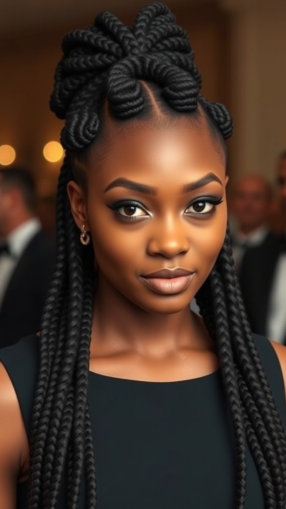 A woman with medium knotless box braids styled elegantly for a formal event.