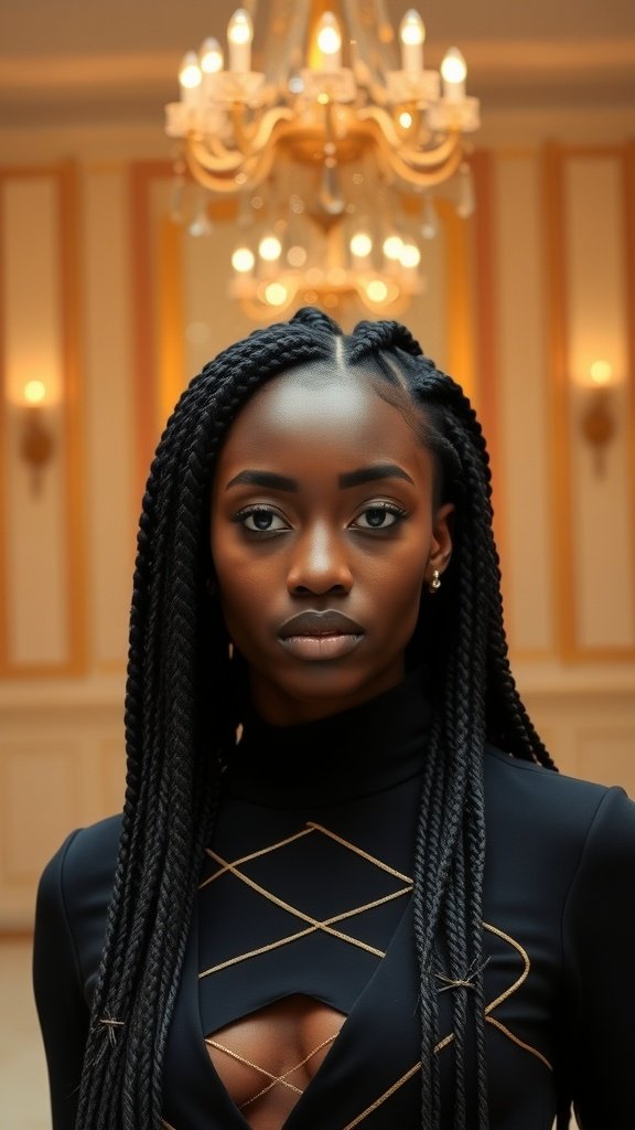 A model with small knotless box braids, wearing a stylish outfit in a formal setting.